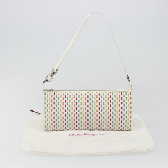 Salvatore Ferragamo Gancini Shoulder Bag Leather White Silver Auth BA13542V