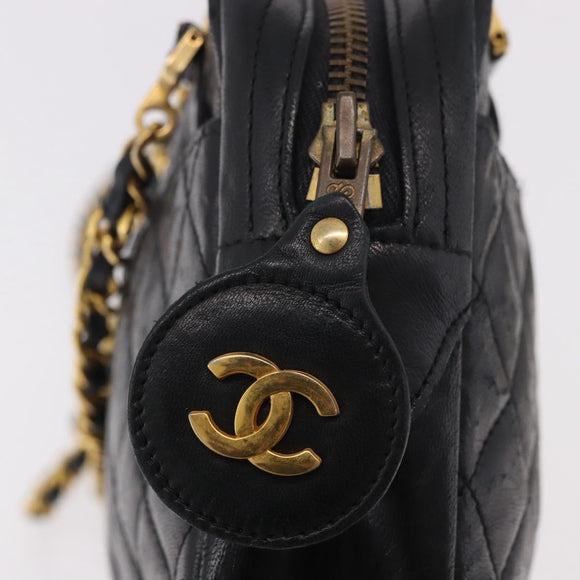 CHANEL Chain Shoulder Bag Lamb Skin Black Gold CC Auth BA13568