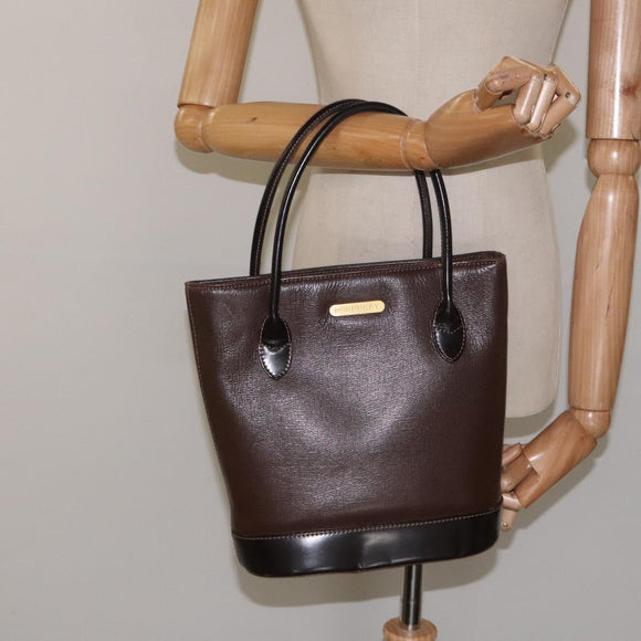 BURBERRY Hand Bag Leather Dark Brown Gold Auth BA1359