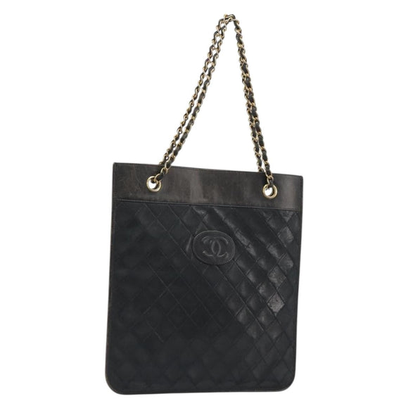 CHANEL Chain Tote Bag Lamb Skin Black Gold CC Auth BA13601
