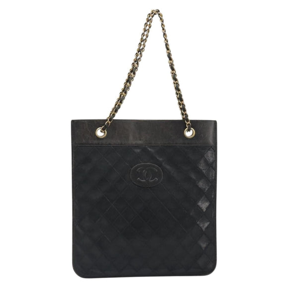 CHANEL Chain Tote Bag Lamb Skin Black Gold CC Auth BA13601