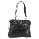 CHANEL Chain Tote Bag Patent leather Black Gold CC Auth BA13602A-1
