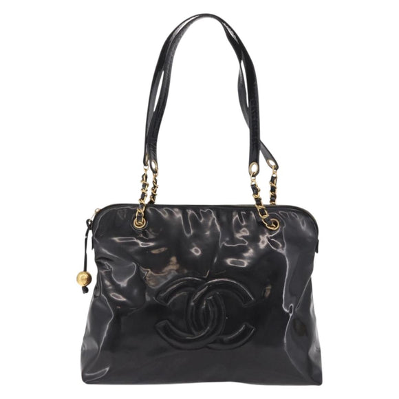 CHANEL Chain Tote Bag Patent leather Black Gold CC Auth BA13602A