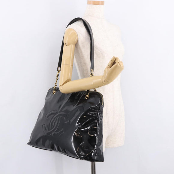 CHANEL Chain Tote Bag Patent leather Black Gold CC Auth BA13602A