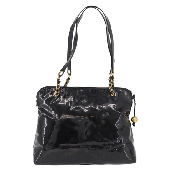 CHANEL Chain Tote Bag Patent leather Black Gold CC Auth BA13602A