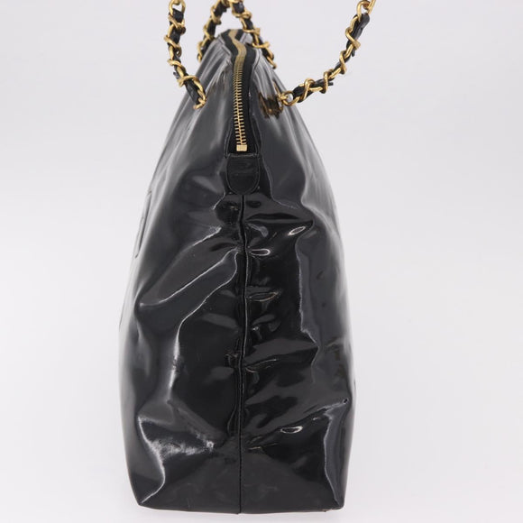 CHANEL Chain Tote Bag Patent leather Black Gold CC Auth BA13602A