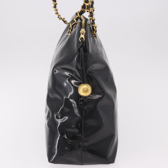 CHANEL Chain Tote Bag Patent leather Black Gold CC Auth BA13602A