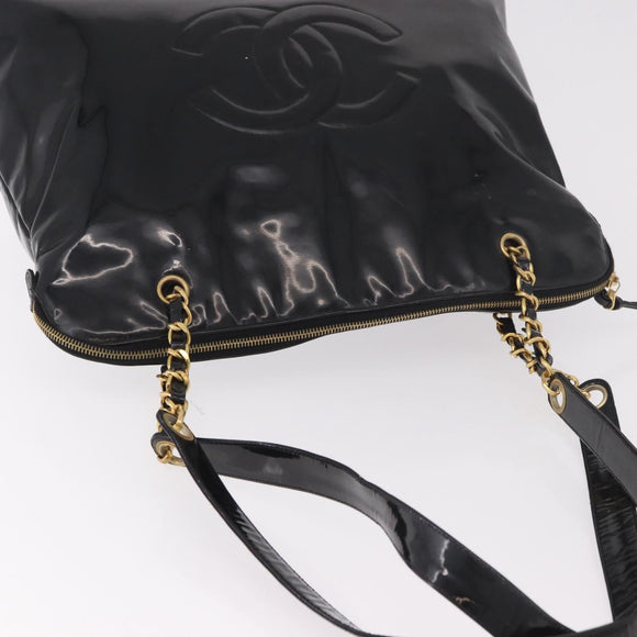 CHANEL Chain Tote Bag Patent leather Black Gold CC Auth BA13602A