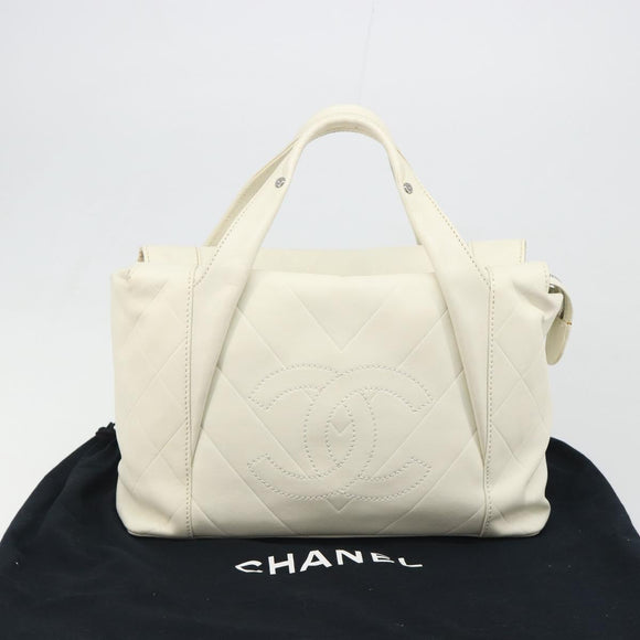 CHANEL V Stitch Hand Bag Lamb Skin White Silver CC Auth BA13606V