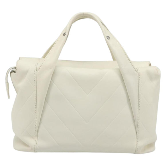 CHANEL V Stitch Hand Bag Lamb Skin White Silver CC Auth BA13606V