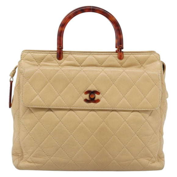 CHANEL Matelasse Hand Bag Lamb Skin Beige CC Auth BA13609V