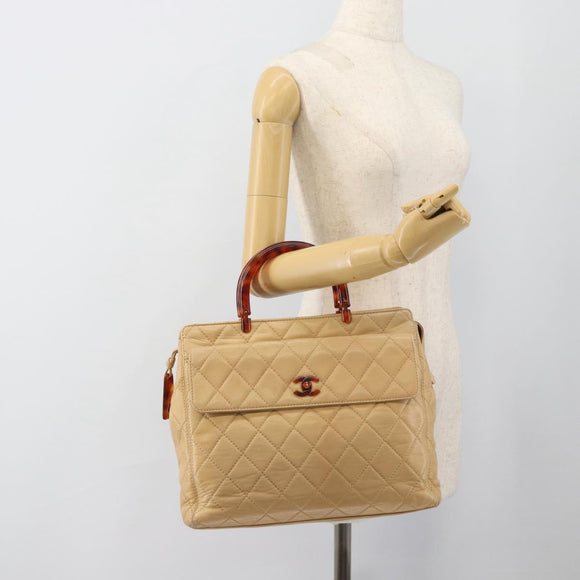 CHANEL Matelasse Hand Bag Lamb Skin Beige CC Auth BA13609V