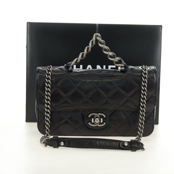 CHANEL Matelasse Chain Hand Bag Calf Skin 2way Black Silver CC Auth BA13614SAM