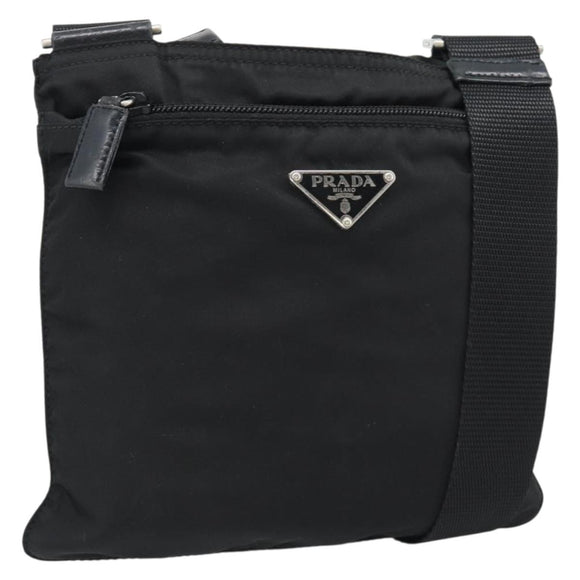 PRADA Schoudertas Nylon Zwart Zilver Auth BA13615A