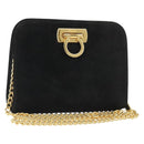 Salvatore Ferragamo Gancini Chain Shoulder Bag Suede Black Gold Auth BA13616V-1
