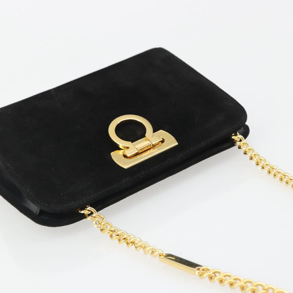 Salvatore Ferragamo Gancini Chain Shoulder Bag Suede Black Gold Auth BA13616V