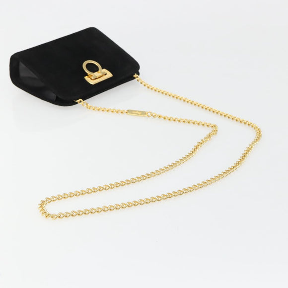 Salvatore Ferragamo Gancini Chain Shoulder Bag Suede Black Gold Auth BA13616V