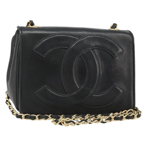 CHANEL Matelasse Chain Shoulder Bag Lamb Skin Gold Black CC Auth BA13617A