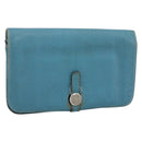 HERMES Dogon GM Wallet Leather Light Blue Silver Auth BA13622-1