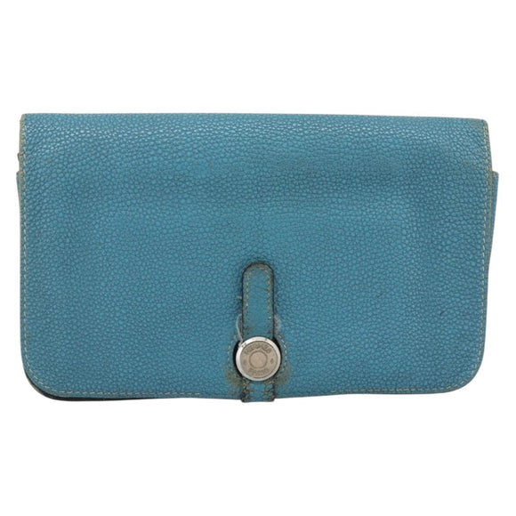 HERMES Dogon GM Wallet Leather Light Blue Silver Auth BA13622