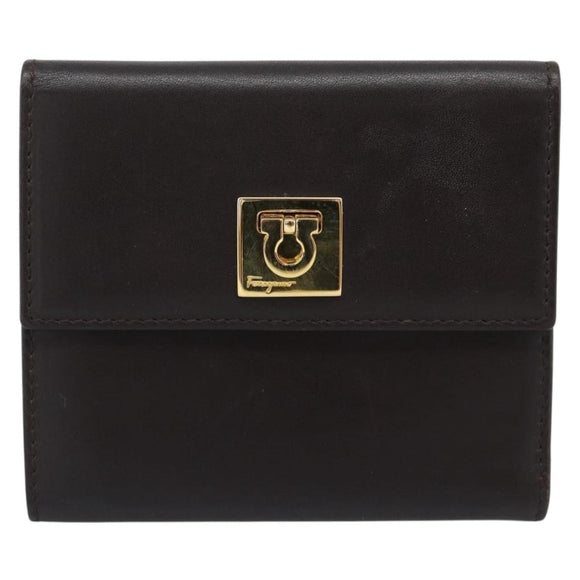 Salvatore Ferragamo Gancini Trifold Wallet Leather Brown Gold Auth BA13626V