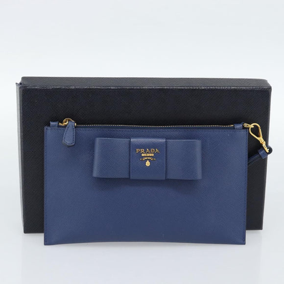 PRADA Clutch Bag Safiano Blue Gold Auth BA13647V
