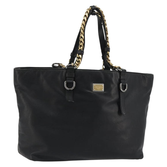 DOLCE&GABBANA Chain Tote Bag Leather Black Gold Auth BA13681V