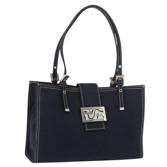FENDI Mamma Baguette Tote Bag Canvas Navy Silver Auth BA13682V