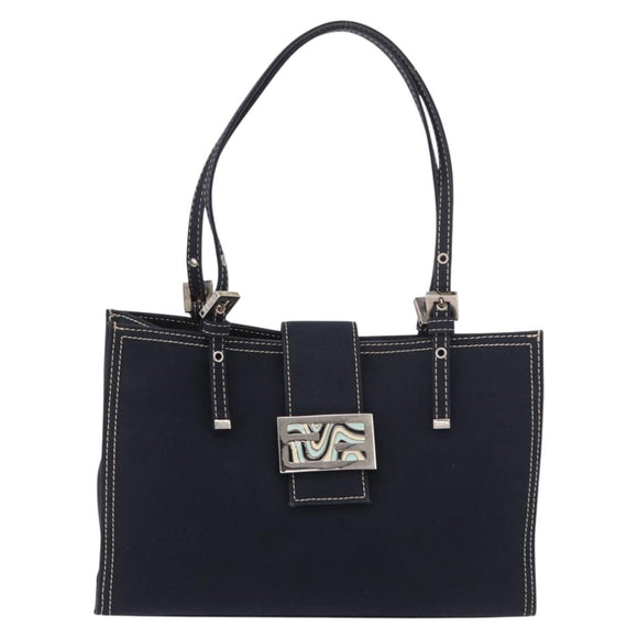 FENDI Mamma Baguette Tote Bag Canvas Navy Silver Auth BA13682V