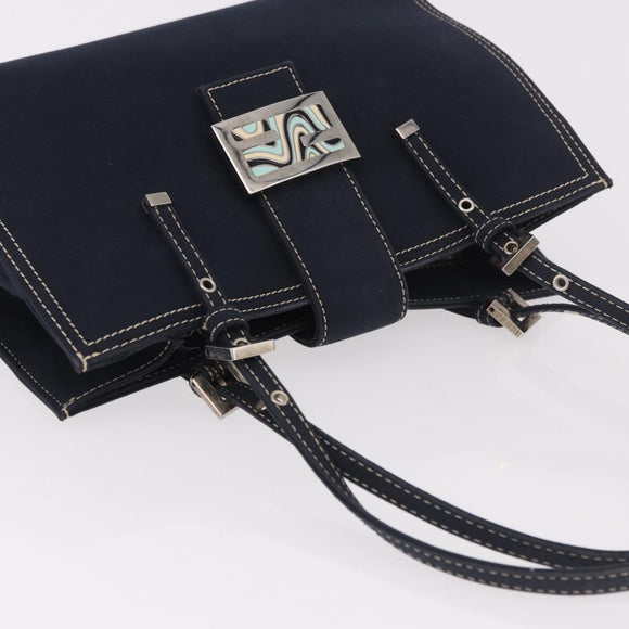 FENDI Mamma Baguette Tote Bag Canvas Navy Silver Auth BA13682V