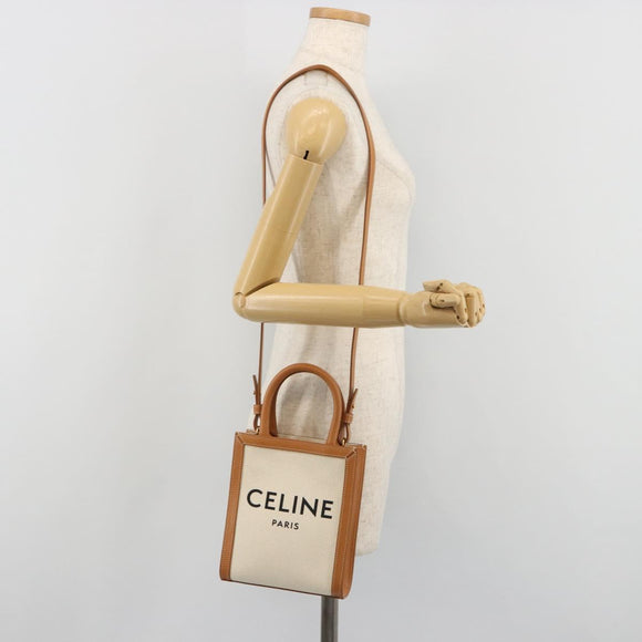 CELINE Vertical Cabas Tote Bag Canvas 2way White Gold Auth BA13687M