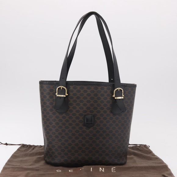 CELINE Macadam Canvas Tote Bag PVC Leather Black Gold Auth BA13696A