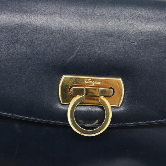 Salvatore Ferragamo Gancini Shoulder Bag Leather Navy Gold Auth BA13700