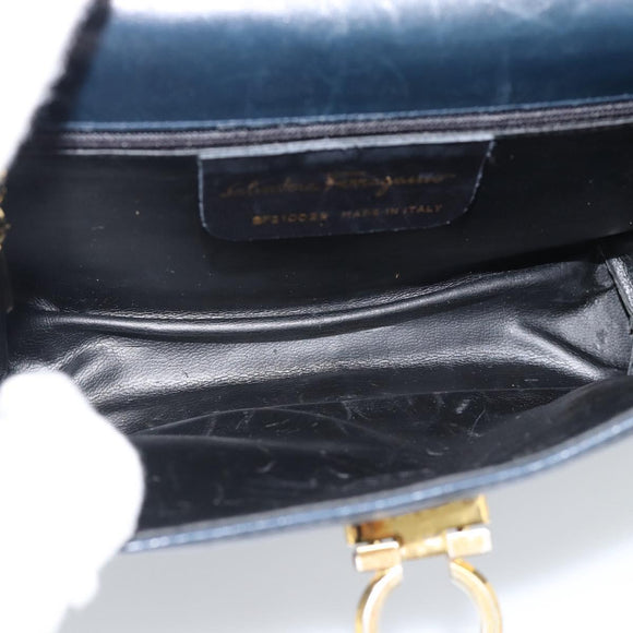 Salvatore Ferragamo Gancini Shoulder Bag Leather Navy Gold Auth BA13700