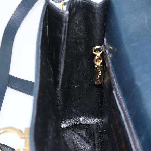 Salvatore Ferragamo Gancini Shoulder Bag Leather Navy Gold Auth BA13700