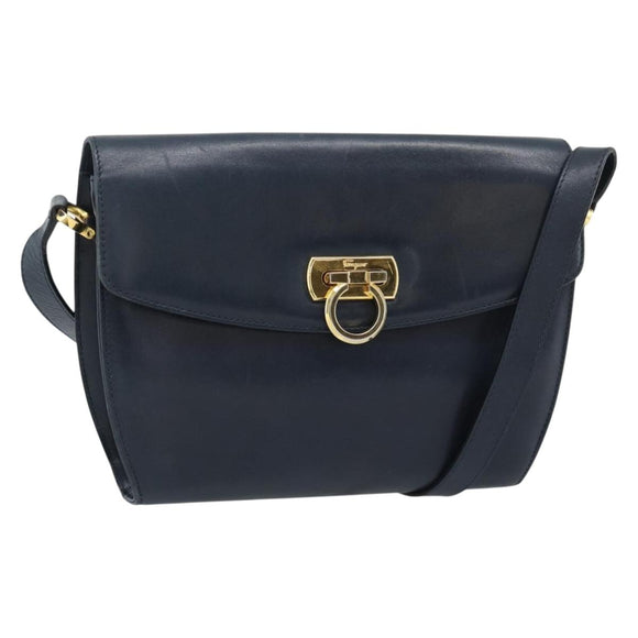 Salvatore Ferragamo Gancini Shoulder Bag Leather Navy Gold Auth BA13700