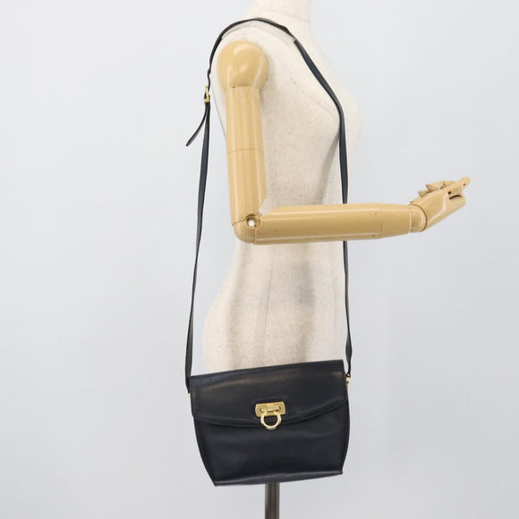Salvatore Ferragamo Gancini Shoulder Bag Leather Navy Gold Auth BA13700