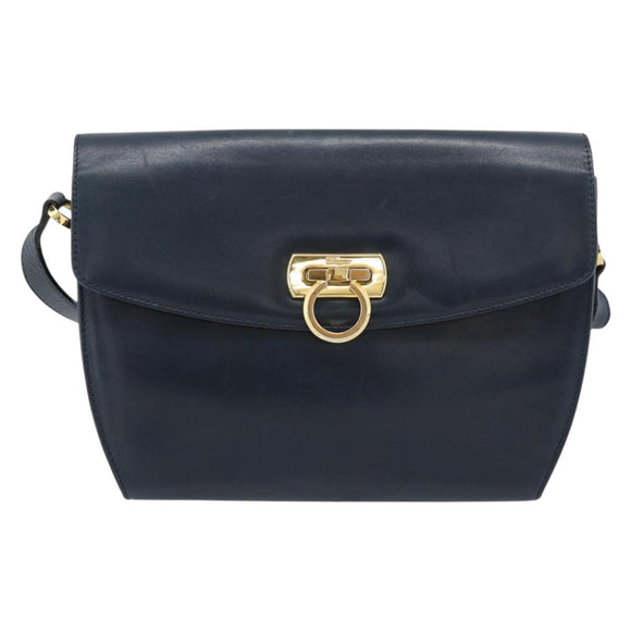 Salvatore Ferragamo Gancini Shoulder Bag Leather Navy Gold Auth BA13700