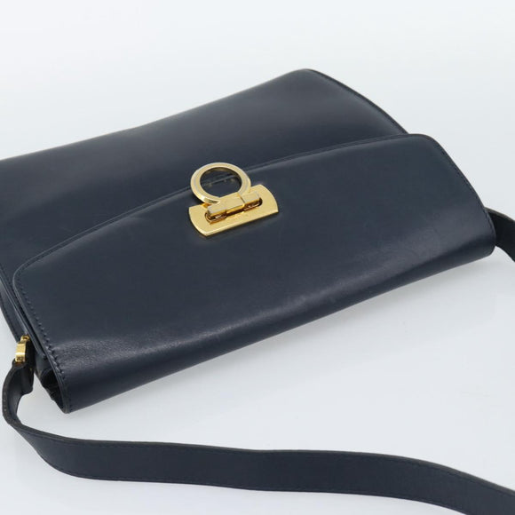 Salvatore Ferragamo Gancini Shoulder Bag Leather Navy Gold Auth BA13700