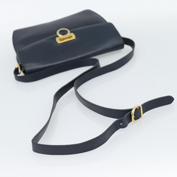 Salvatore Ferragamo Gancini Shoulder Bag Leather Navy Gold Auth BA13700