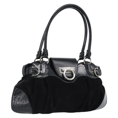 Salvatore Ferragamo Gancini Hand Bag Suede Black Silver Auth BA13719A