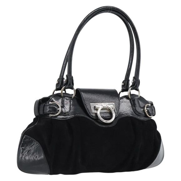 Salvatore Ferragamo Gancini Hand Bag Suede Black Silver Auth BA13719A