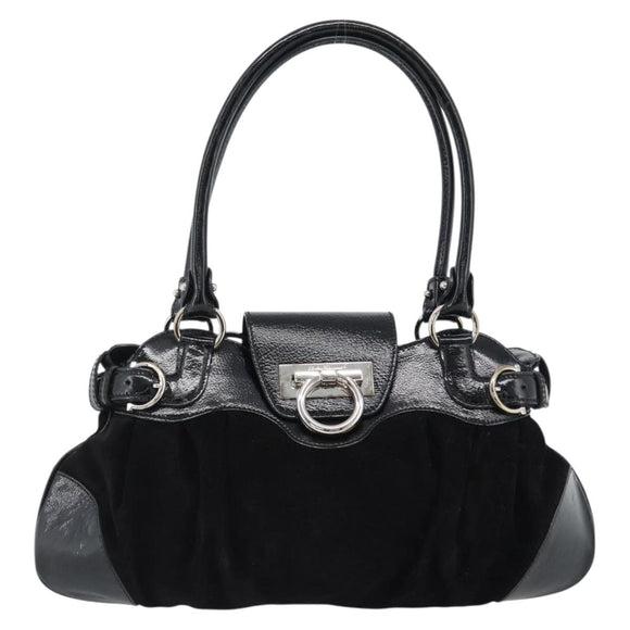 Salvatore Ferragamo Gancini Hand Bag Suede Black Silver Auth BA13719A