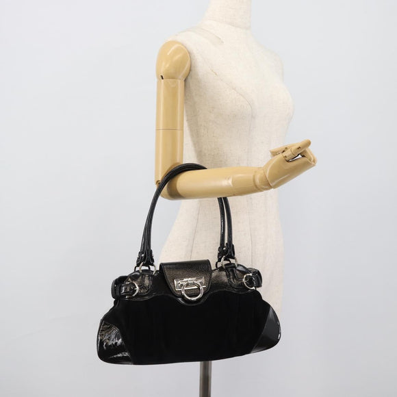 Salvatore Ferragamo Gancini Hand Bag Suede Black Silver Auth BA13719A