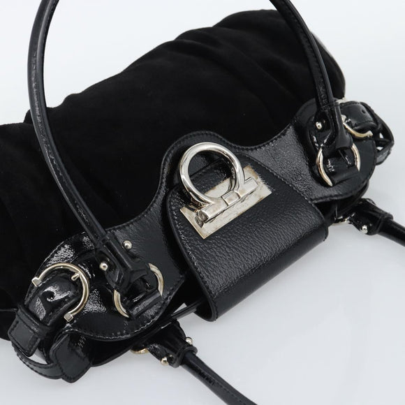 Salvatore Ferragamo Gancini Hand Bag Suede Black Silver Auth BA13719A