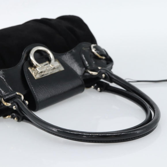 Salvatore Ferragamo Gancini Hand Bag Suede Black Silver Auth BA13719A