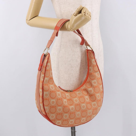 Salvatore Ferragamo Gancini Shoulder Bag Canvas Orange Gold Auth BA13723V