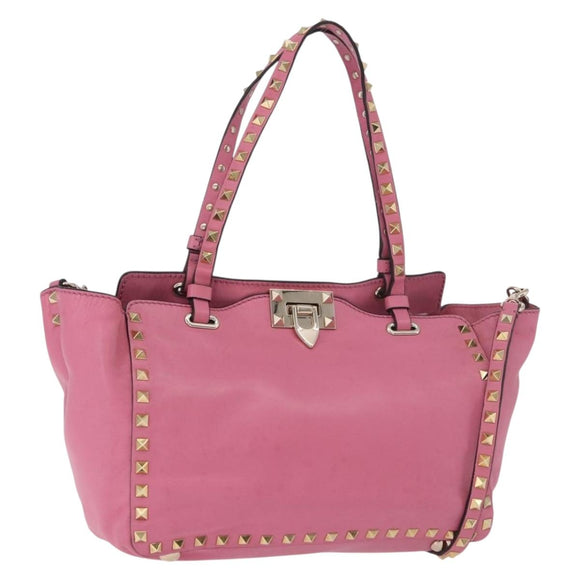 VALENTINO Studs Tote Bag Leather 2way Pink Gold Auth BA13725A