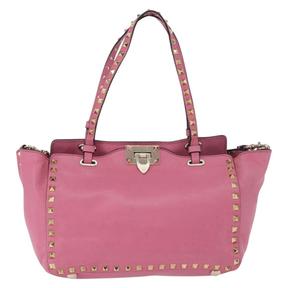 VALENTINO Studs Tote Bag Leather 2way Pink Gold Auth BA13725A