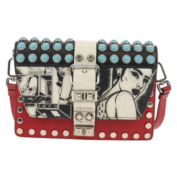 PRADA Comic Electra Shoulder Bag Leather Red Silver Auth BA13728V